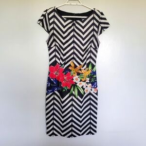 Smashed Lemon Black & White Striped Floral Fitted Dress